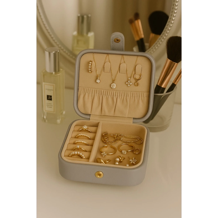 Deri Mini Baklava Desenli Seyahat Takı Bijuteri Mücevher Kutusu Organizer Düzenleyici 11,5cm Gri İthal Ürün