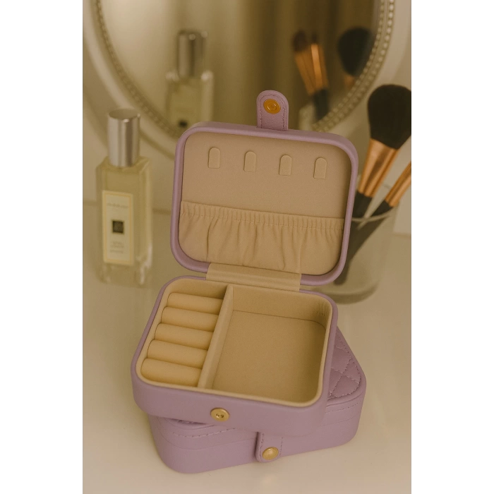 Deri Mini Baklava Desenli Seyahat Takı Bijuteri Mücevher Kutusu Organizer Düzenleyici 11,5cm Lila İthal Ürün