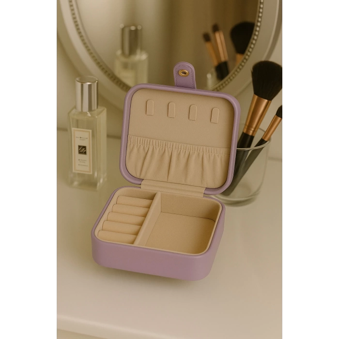 Deri Mini Baklava Desenli Seyahat Takı Bijuteri Mücevher Kutusu Organizer Düzenleyici 11,5cm Lila İthal Ürün