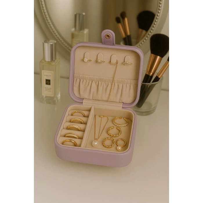 Deri Mini Baklava Desenli Seyahat Takı Bijuteri Mücevher Kutusu Organizer Düzenleyici 11,5cm Lila İthal Ürün