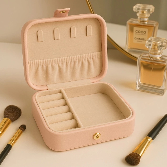 Deri Mini Baklava Desenli Seyahat Takı Bijuteri Mücevher Kutusu Organizer Düzenleyici 11,5cm Pembe İthal Ürün