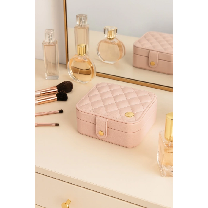 Deri Mini Baklava Desenli Seyahat Takı Bijuteri Mücevher Kutusu Organizer Düzenleyici 11,5cm Pembe İthal Ürün