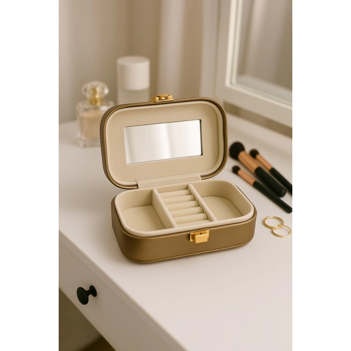 Deri Mini Seyahat Takı Bijuteri Mücevher Kutusu Organizer Düzenleyici 15cm Bronz İthal Ürün