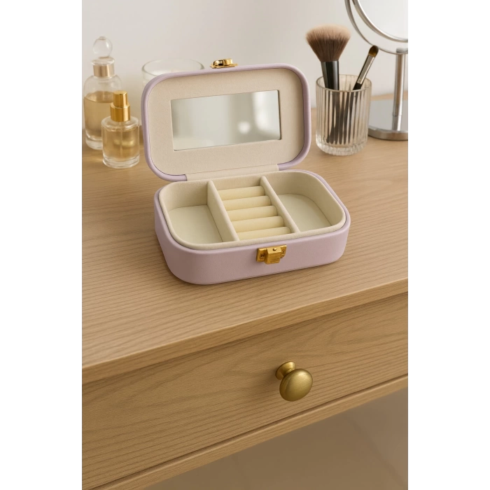 Deri Mini Seyahat Takı Bijuteri Mücevher Kutusu Organizer Düzenleyici 15cm Lila İthal Ürün