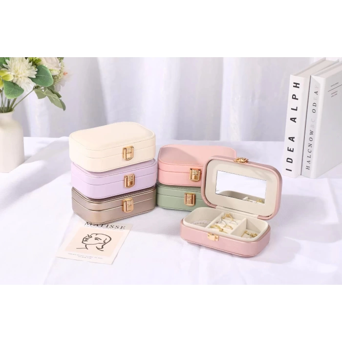 Deri Mini Seyahat Takı Bijuteri Mücevher Kutusu Organizer Düzenleyici 15cm Krem İthal Ürün