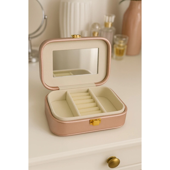 Deri Mini Seyahat Takı Bijuteri Mücevher Kutusu Organizer Düzenleyici 15cm Pembe İthal Ürün