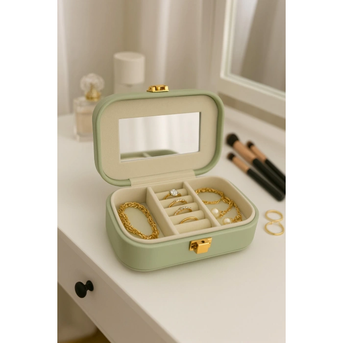 Deri Mini Seyahat Takı Bijuteri Mücevher Kutusu Organizer Düzenleyici 15cm Yeşil İthal Ürün