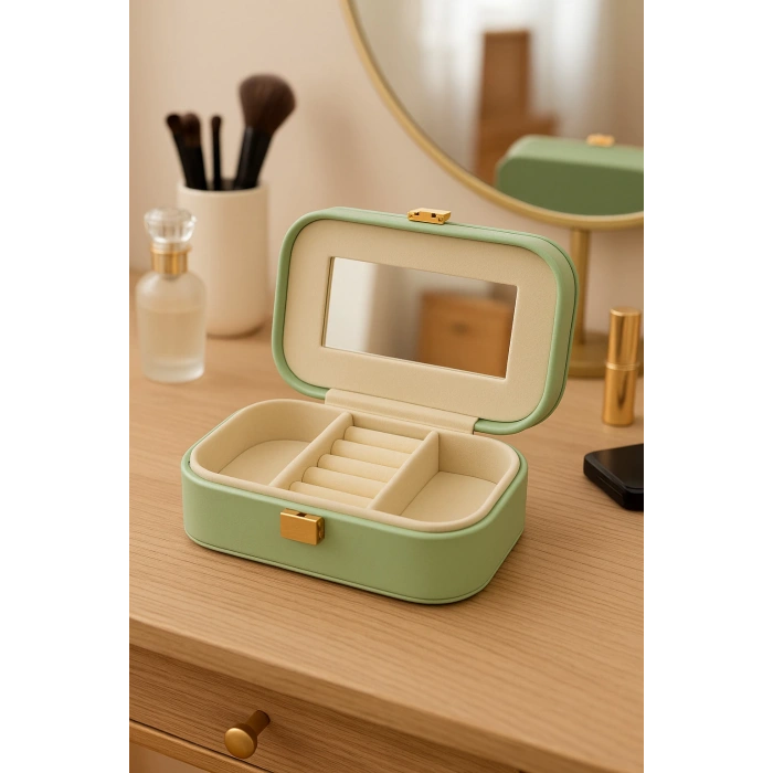 Deri Mini Seyahat Takı Bijuteri Mücevher Kutusu Organizer Düzenleyici 15cm Yeşil İthal Ürün