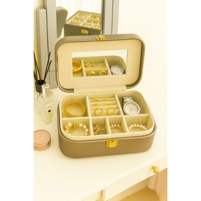 Deri Seyahat Takı Bijuteri Mücevher Kutusu Organizer Düzenleyici 20cm Bronz İthal Ürün