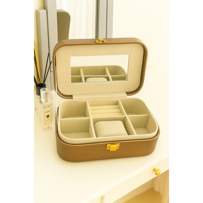 Deri Seyahat Takı Bijuteri Mücevher Kutusu Organizer Düzenleyici 20cm Bronz İthal Ürün