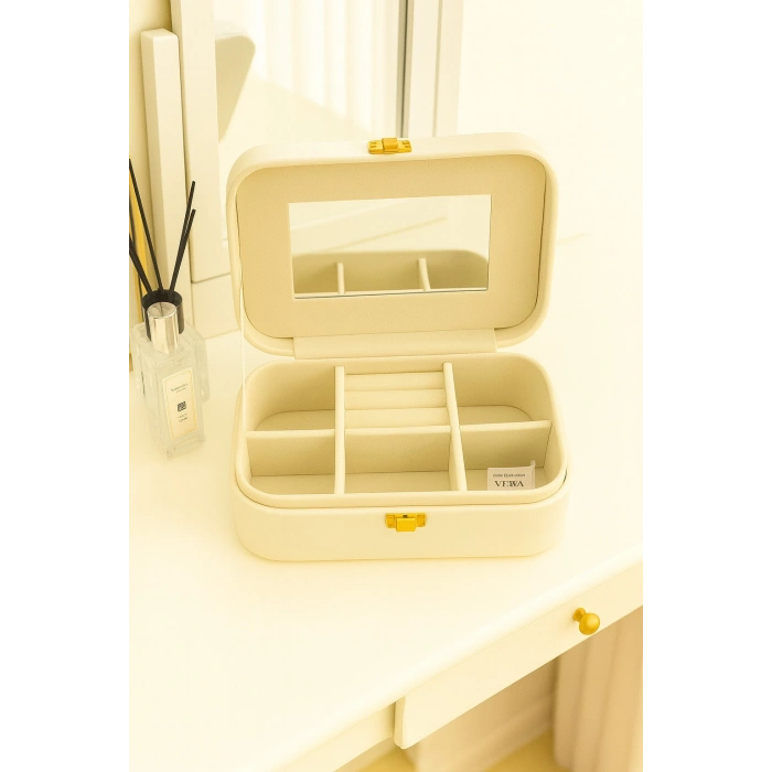 Deri Seyahat Takı Bijuteri Mücevher Kutusu Organizer Düzenleyici 20cm Krem İthal Ürün