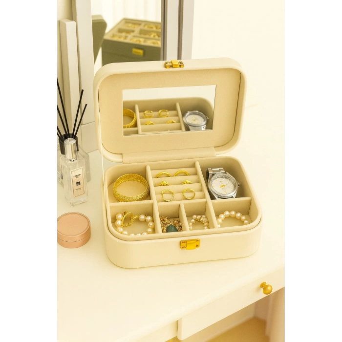 Deri Seyahat Takı Bijuteri Mücevher Kutusu Organizer Düzenleyici 20cm Krem İthal Ürün