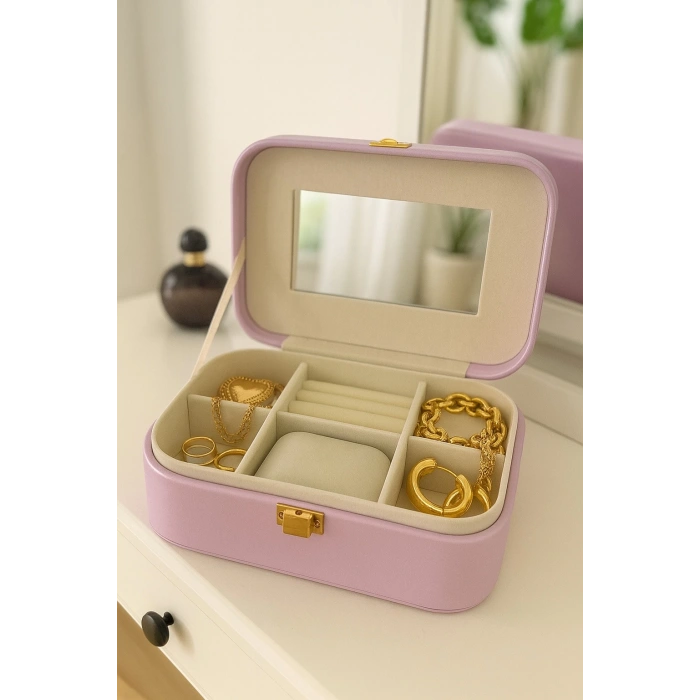 Deri Seyahat Takı Bijuteri Mücevher Kutusu Organizer Düzenleyici 20cm Lila İthal Ürün