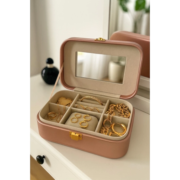 Deri Seyahat Takı Bijuteri Mücevher Kutusu Organizer Düzenleyici 20cm Pembe İthal Ürün
