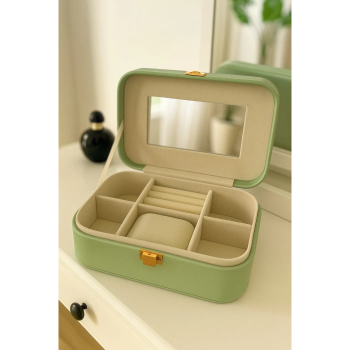 Deri Seyahat Takı Bijuteri Mücevher Kutusu Organizer Düzenleyici 20cm Yeşil İthal Ürün