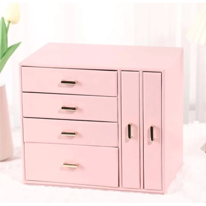 Dışı Deri İçi Kadife 6 Çekmeceli Takı Bijuteri Mücevher Kutusu Organizer Düzenleyici Pembe İthal Ürün