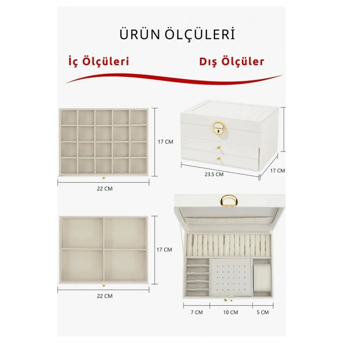 Dışı Deri İçi Kadife Kilitli 2 Çekmeceli Takı Bijuteri Mücevher Kutusu Organizer Düzenleyici Beyaz İthal Ürün