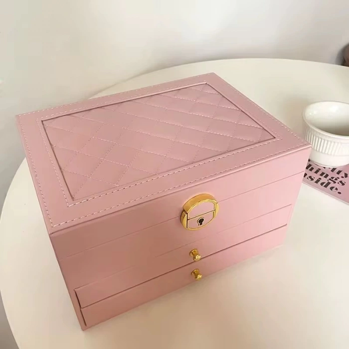 Dışı Deri İçi Kadife Kilitli 2 Çekmeceli Takı Bijuteri Mücevher Kutusu Organizer Düzenleyici Pembe İthal Ürün