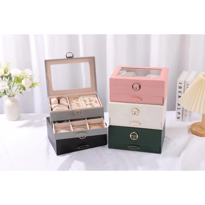 Dışı Deri İçi Kadife Kilitli Çekmeceli Takı Bijuteri Mücevher Kutusu Organizer Düzenleyici Gri İthal Ürün