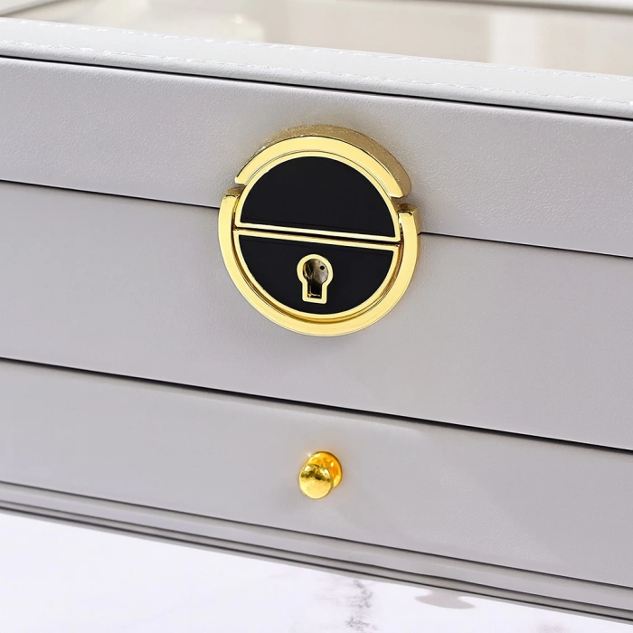 Dışı Deri İçi Kadife Kilitli Çekmeceli Takı Bijuteri Mücevher Kutusu Organizer Düzenleyici Gri İthal Ürün