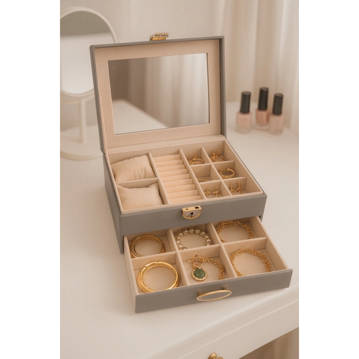 Dışı Deri İçi Kadife Kilitli Çekmeceli Takı Bijuteri Mücevher Kutusu Organizer Düzenleyici Gri İthal Ürün