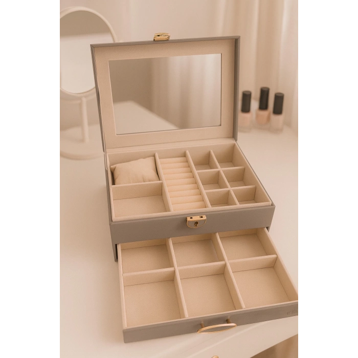Dışı Deri İçi Kadife Kilitli Çekmeceli Takı Bijuteri Mücevher Kutusu Organizer Düzenleyici Gri İthal Ürün