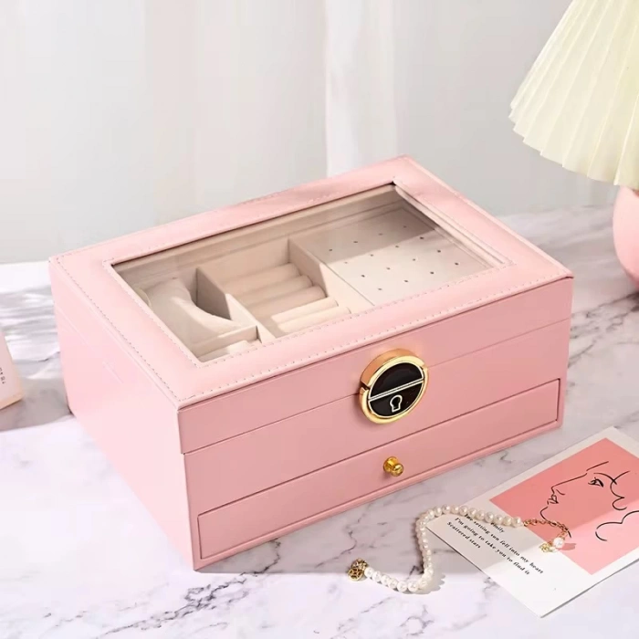 Dışı Deri İçi Kadife Kilitli Çekmeceli Takı Bijuteri Mücevher Kutusu Organizer Düzenleyici Pembe İthal Ürün