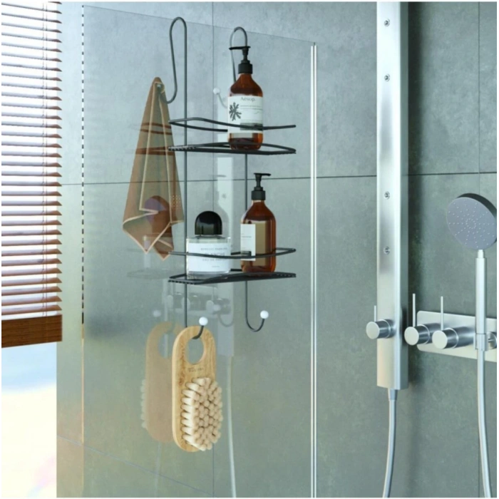 Duşakabin Banyo Rafı Şampuanlık 2 Katlı Askılı Siyah