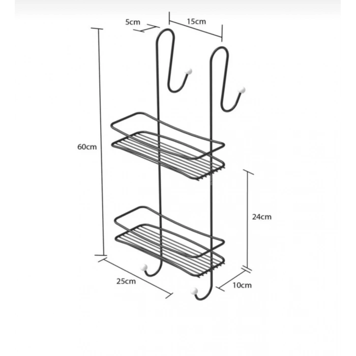 Duşakabin Banyo Rafı Şampuanlık 2 Katlı Askılı Siyah