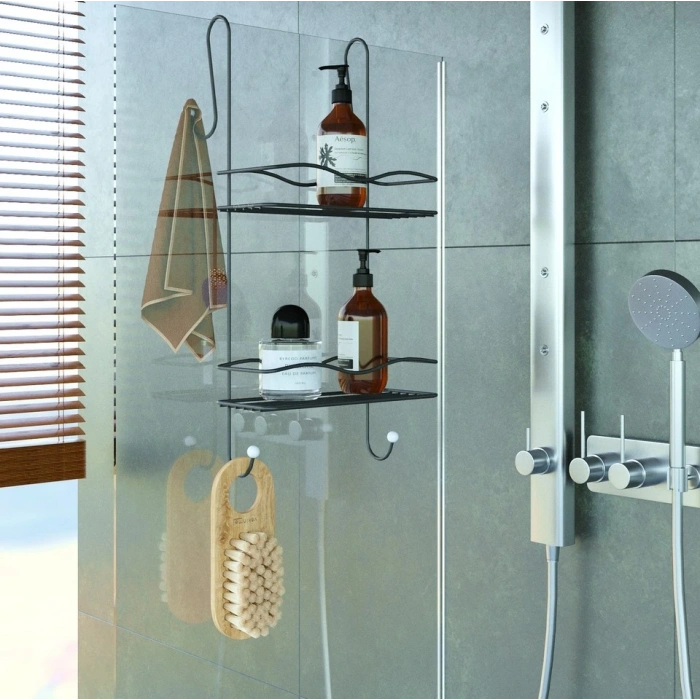 Duşakabin Banyo Rafı Şampuanlık 2 Katlı Askılı Siyah Geniş