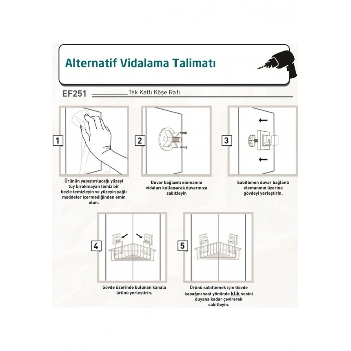 Easyfix Yapışkanlı Banyo Duvar Rafı Şampuanlık Köşe Rafı Siyah