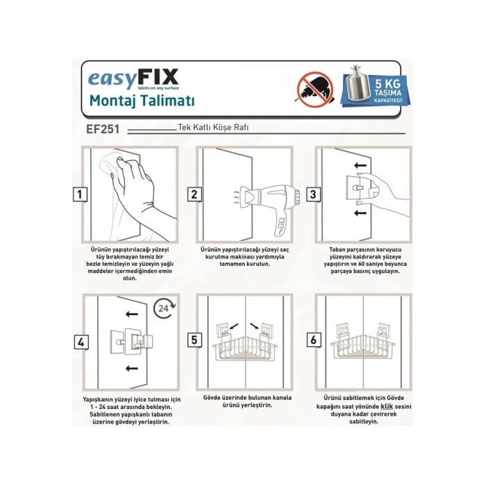 Easyfix Yapışkanlı Banyo Duvar Rafı Şampuanlık Köşe Rafı Siyah