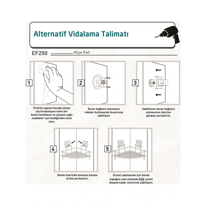 Easyfix Yapışkanlı Banyo Rafı Şampuanlık Kancalı Köşe Rafı Siyah
