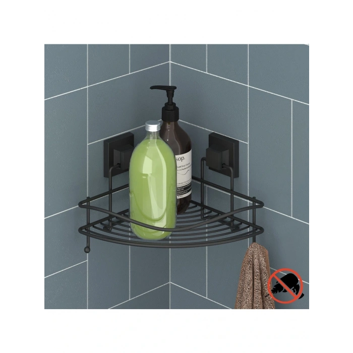 Easyfix Yapışkanlı Banyo Rafı Şampuanlık Kancalı Köşe Rafı Siyah
