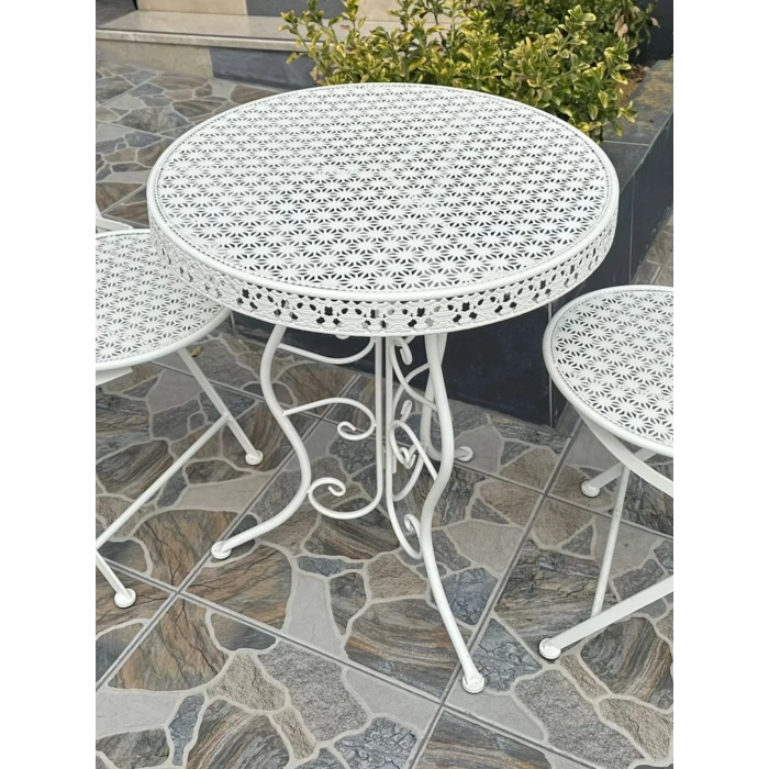 Ferforje Katlanır Masa Balkon Masası, Bahçe Masası Çap 60cm Beyaz