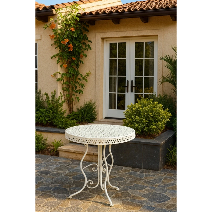 Ferforje Masa Balkon Masası, Bahçe Masası Çap 60cm Beyaz