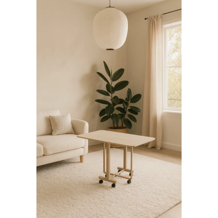 Katlanır Portatif Tekerlekli Mutfak Masa Sandalye Takımı Bej