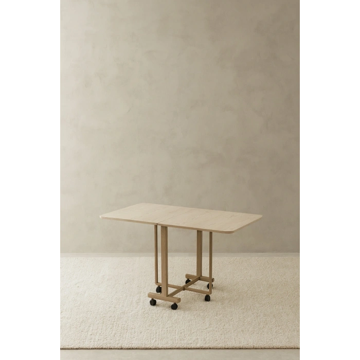 Katlanır Portatif Tekerlekli Mutfak Masa Sandalye Takımı Bej