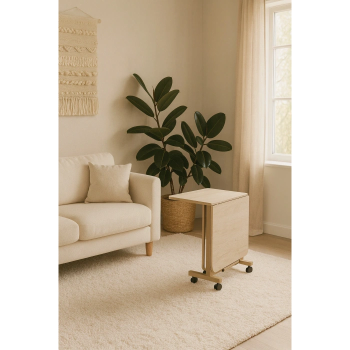 Katlanır Portatif Tekerlekli Mutfak Masa Sandalye Takımı Bej