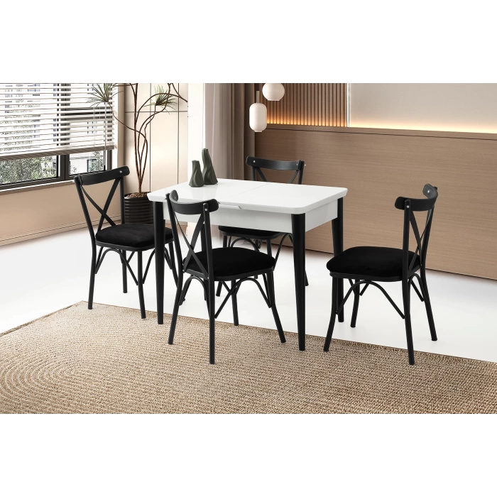 Kelebek Beyaz Ahşap Salon Yemek Masa Sandalye Takımı 4 Sandalyeli Ortadan Açılır Büyüyen 60x100cm