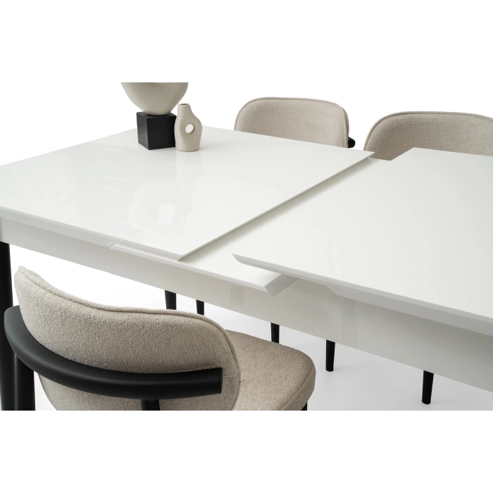 Kelebek Beyaz Ahşap Salon Yemek Masa Sandalye Takımı 4 Sandalyeli Ortadan Açılır Büyüyen 60x100cm
