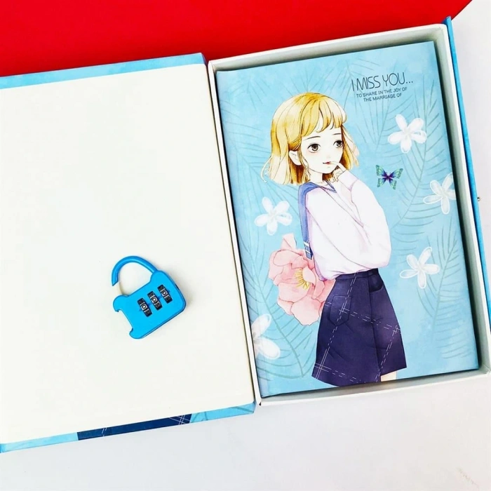 Kilitli Kutulu Ajanda Günlük Not Hatıra Defteri Notebook Mavi