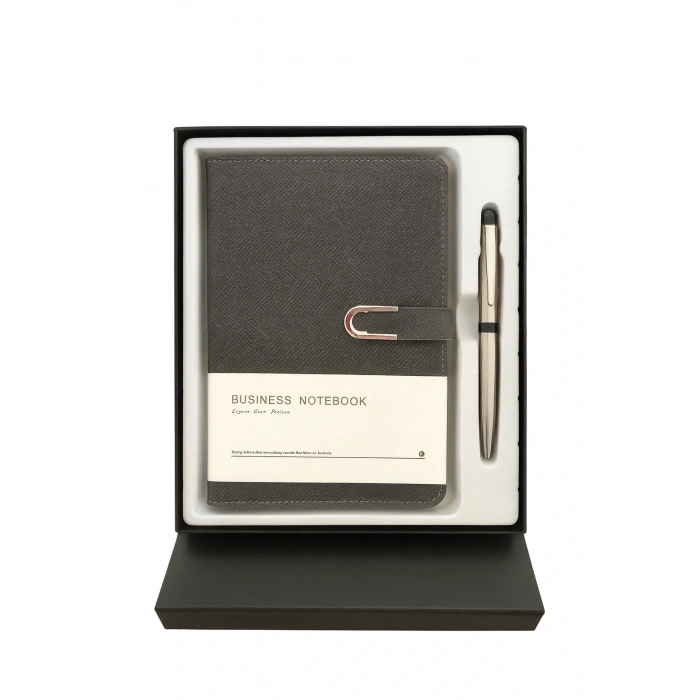 Kumaş Mıknatıs Kapaklı Kalemli Ajanda Günlük Not Defteri Notebook Gri