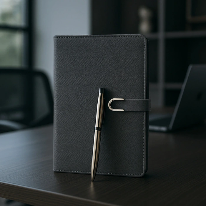 Kumaş Mıknatıs Kapaklı Kalemli Ajanda Günlük Not Defteri Notebook Gri