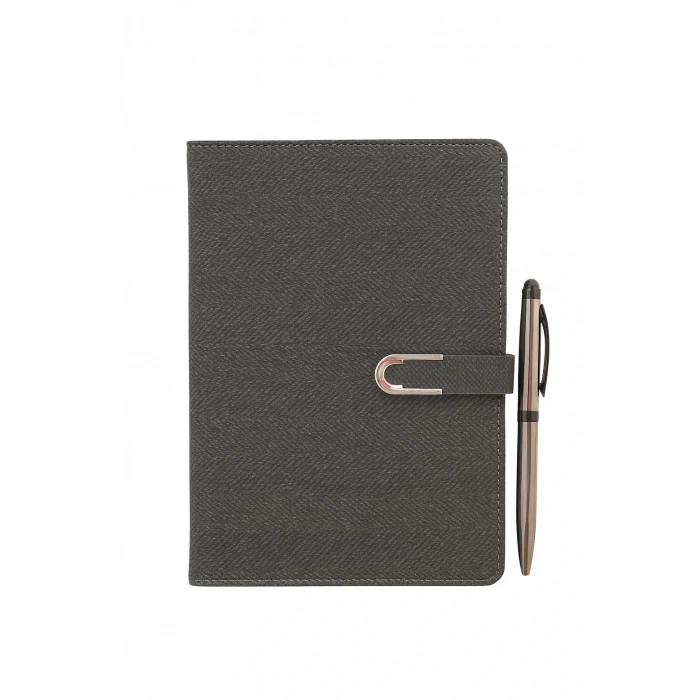 Kumaş Mıknatıs Kapaklı Kalemli Ajanda Günlük Not Defteri Notebook Gri