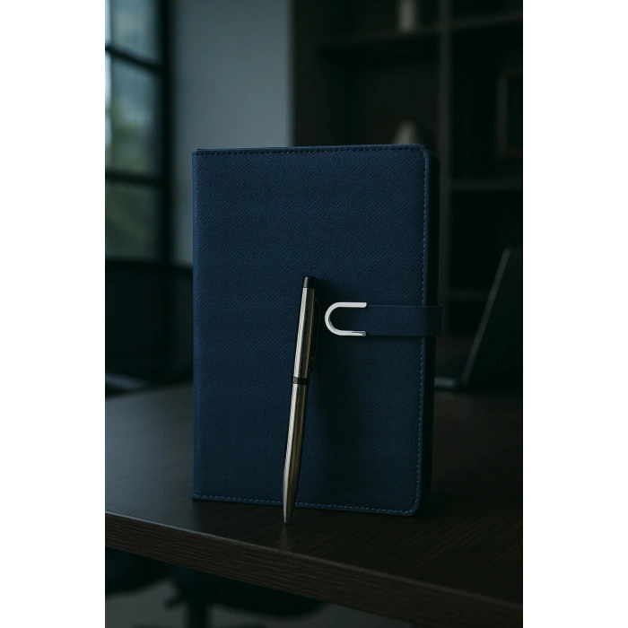 Kumaş Mıknatıs Kapaklı Kalemli Ajanda Günlük Not Defteri Notebook Mavi