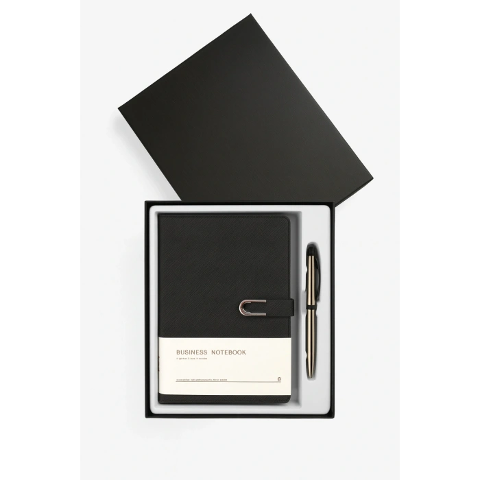 Kumaş Mıknatıs Kapaklı Kalemli Ajanda Günlük Not Defteri Notebook Siyah