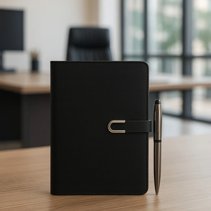 Kumaş Mıknatıs Kapaklı Kalemli Ajanda Günlük Not Defteri Notebook Siyah