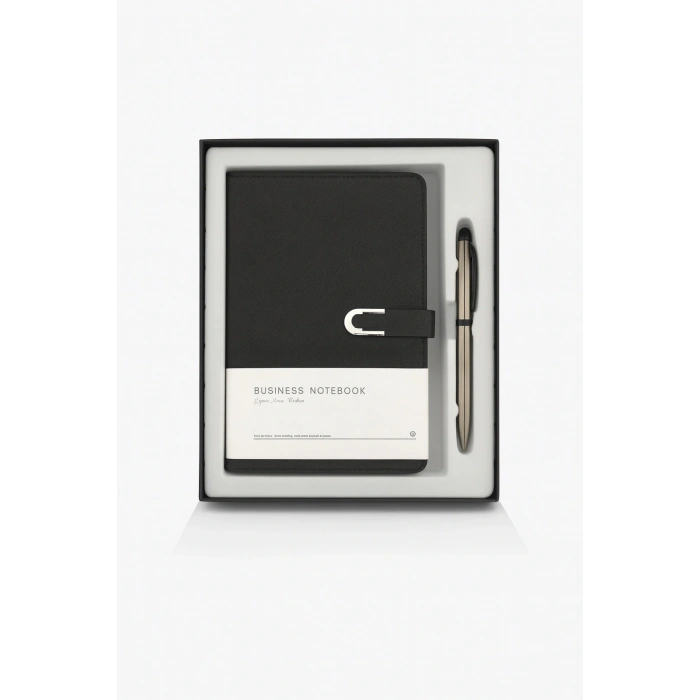 Kumaş Mıknatıs Kapaklı Kalemli Ajanda Günlük Not Defteri Notebook Siyah