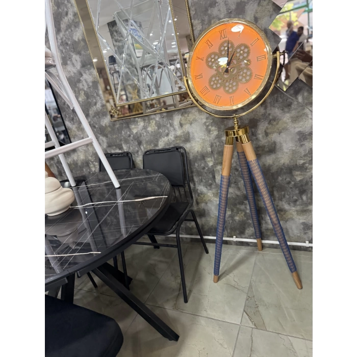 Ledli Tripod Ahşap Ayaklı Dekoratif Saat Döner Çarklı Gold-Meşe